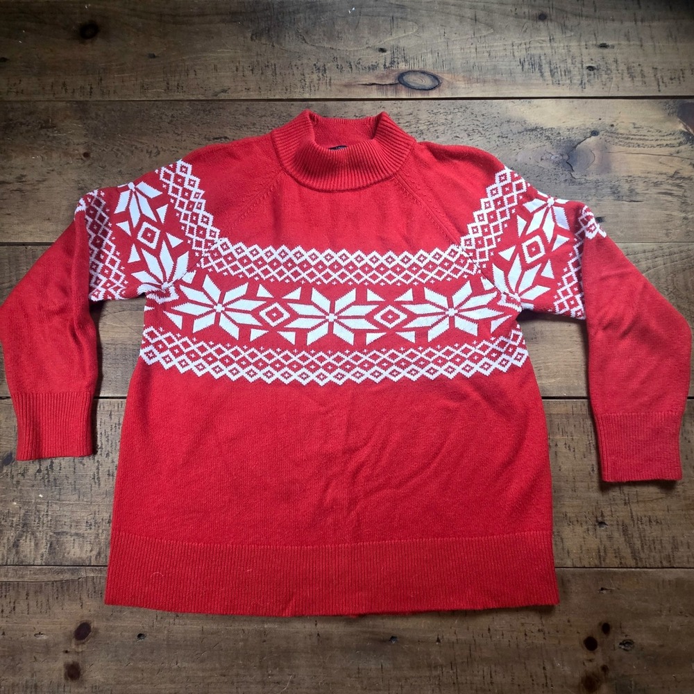 Talbots Womens L Red White Fair Isle Mock Neck Snowflake Sweater Thermolite